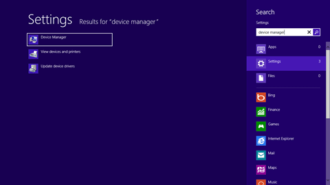 Windows 8 Search, Settings, Device Manager